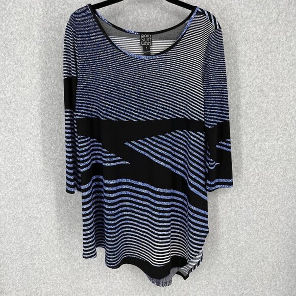 Clara Sun Woo Tunic Top Size S Blue Black Stripe Stretch Asymmetrical Hem Artsy - Picture 1 of 11